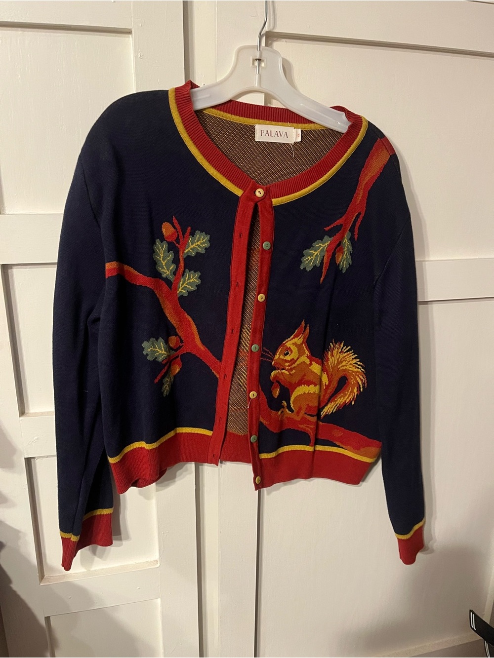 EUC Palava Navy Cardigan Sweater with Red Trim and Squirrel Motif